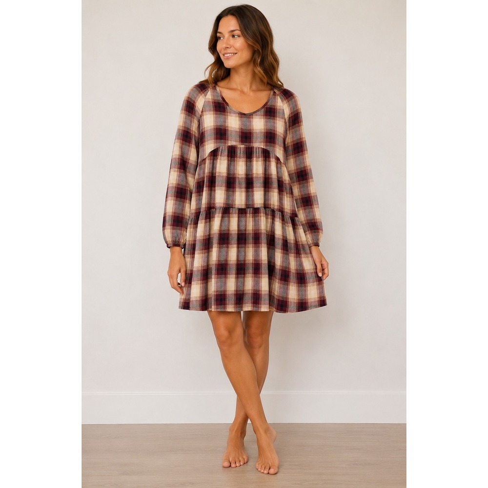 Hayden Los Angeles Plaid Tiered Babydoll Mini Dress Maroon Cream Womens M